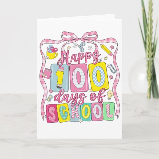 Gelukkig 100 dagen school roze strik kaart (Voorkant)