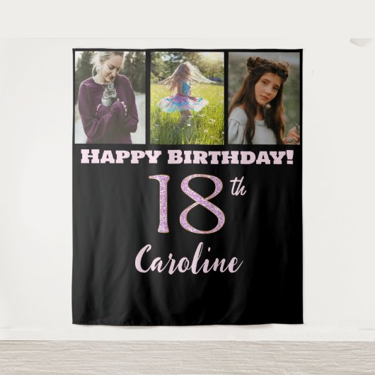 Gelukkig 18e verjaardagsfeestje, roze glitter & 3 wandkleed (Voorkant)