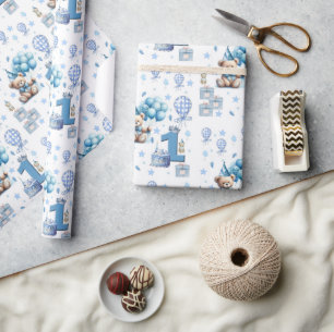 Gelukkig 1e verjaardag Teddybeer Blauwe Inpakpapie Cadeaupapier