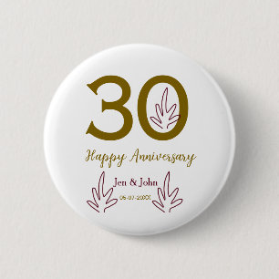 Gelukkig 30-jarig jubileum naam datum gouden rode ronde button 5,7 cm