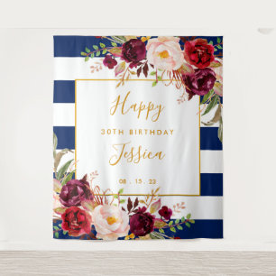 Gelukkig 30e Verjaardag Achtergrond, Navyblauw Wit Wandkleed