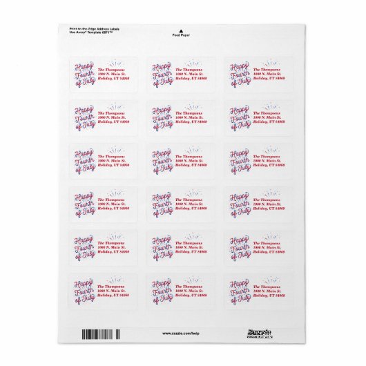 Gelukkig 4 juli Adres Retourlabels (Rood/Blauw) Etiket (Full Sheet)