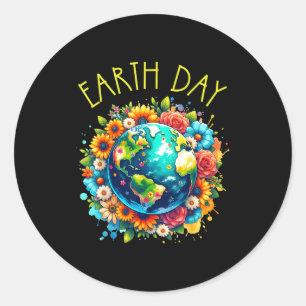Gelukkig Aardedag T-shirt Schattige Aarde Met Bloe Ronde Sticker