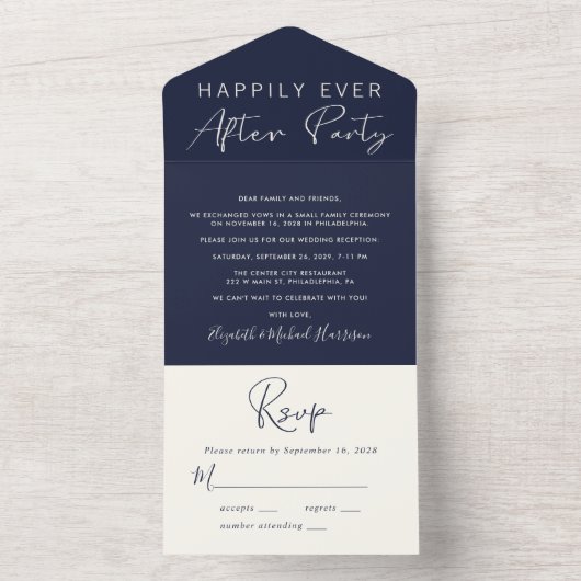 Gelukkig altijd blauw bruiloftsfeest all in one uitnodiging (Binnen)