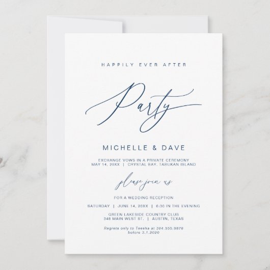 Gelukkig altijd na de partij, Navy Blue font Elope Kaart (Voorkant)
