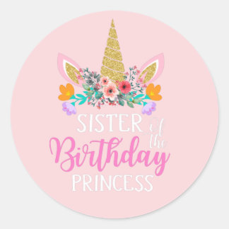 gelukkig Birthday zuster Unicorn Partij Roze Ronde Sticker