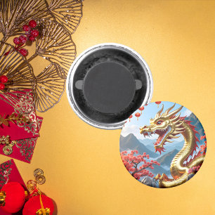 Gelukkig Chinees Nieuw 2024 Golden Dragon Bloemen Magneet