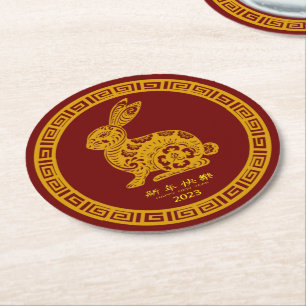 Gelukkig Chinees nieuwjaar 2023 Rabbit Red Gold Ronde Kartonnen Onderzetter