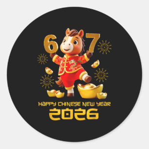 Gelukkig Chinees Nieuwjaar 2026 Grappig Paard 6 7 Ronde Sticker