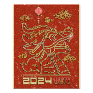 Gelukkig Chinees Rood Goud Nieuwjaar van de Draak Perfect Poster