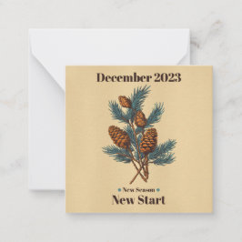 Gelukkig december wenskaart met sparrentakken en notitiekaartje