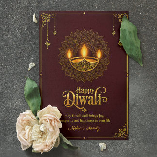 Gelukkig Divali Elegante Gouden Diya Mandala Borde Kaart