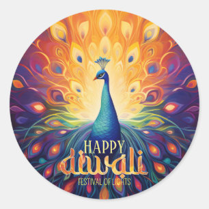 Gelukkig Diwali Vibrant Peacock Festival of Lights Ronde Sticker