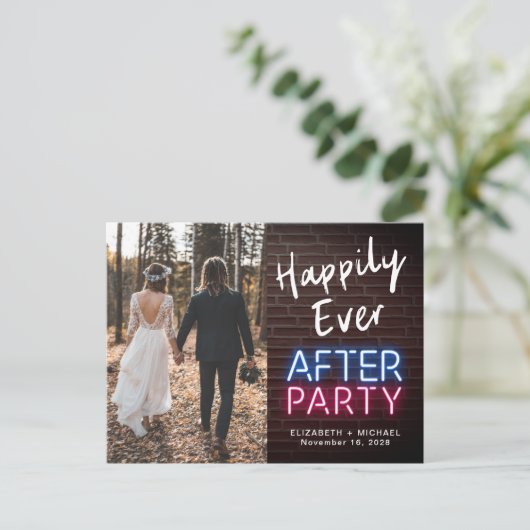 Gelukkig Ever After Feest Neonlichten Foto Bruilof Aankondigingskaart (Staand voorkant)