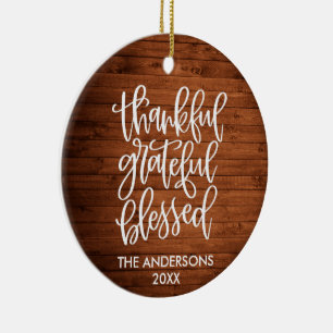 Gelukkig Grateful Blessed Wood PHOTO BACK Keramisch Ornament