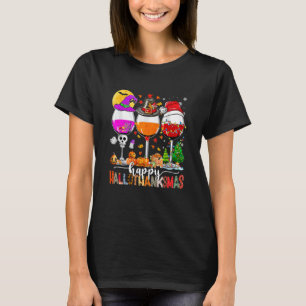 Gelukkig Hallothanksmas Wijnglazen Heks Kerstman H T-shirt