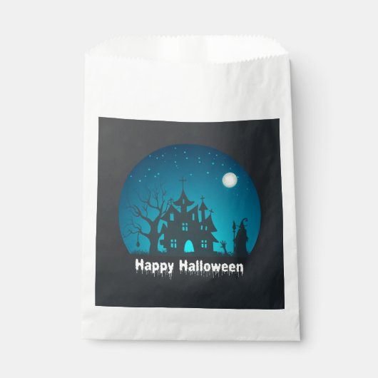 Gelukkig Halloween Blauw en Zwart Haunted House Bedankzakje (Voorkant)