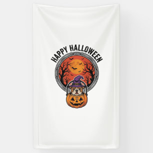Gelukkig Halloween Bulldog Heks Pompoen Vintage T- Spandoek