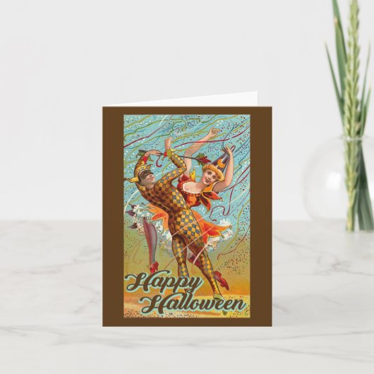 Gelukkig Halloween Dansende Nar Maskerade Vintage Kaart (Voorkant)