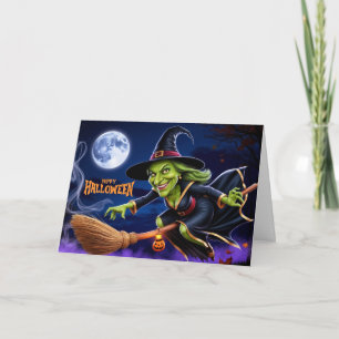 Gelukkig Halloween Enge Heks op Bezem Feestdagen Kaart