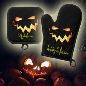 Gelukkig Halloween gloeiend Jack-o-lantaarn gezich Ovenwant & Pannenlap Set