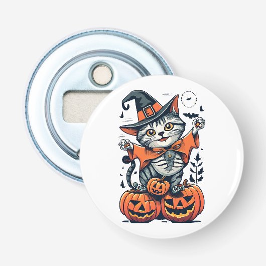 Gelukkig Halloween Heks Kat Button Flesopener (Voorkant)