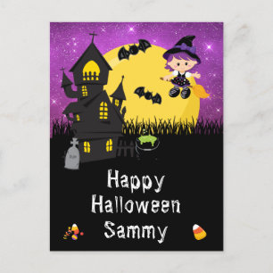Gelukkig Halloween Heks Paars Feestdagenkaart