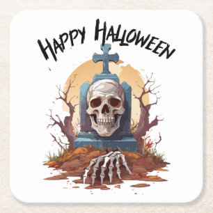 Gelukkig Halloween Hoofd Steen En Skelet Vierkante Kartonnen Onderzetter
