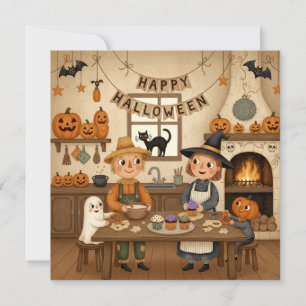 Gelukkig Halloween Landelijke Familie Bakken Cupca Feestdagenkaart