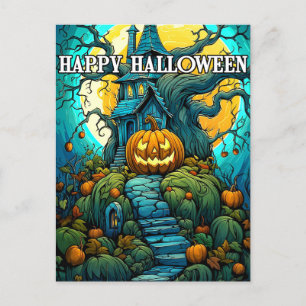 Gelukkig Halloween Moon-verlicht Haunted House Briefkaart