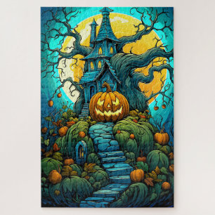 Gelukkig Halloween Moon-verlicht Haunted House Legpuzzel