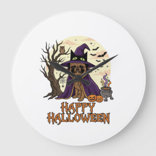 Gelukkig Halloween Pugs Heksenhoed Ketel Pompoenen Grote Klok