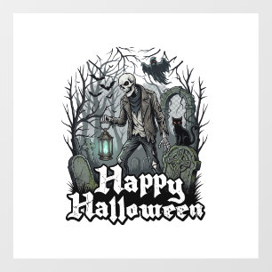 Gelukkig Halloween Skelet Lantaarn Zwarte Kat Begr Raamsticker
