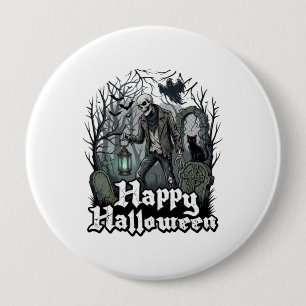 Gelukkig Halloween Skelet Lantaarn Zwarte Kat Begr Ronde Button 4,0 Cm