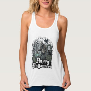 Gelukkig Halloween Skelet Lantaarn Zwarte Kat Begr Tanktop