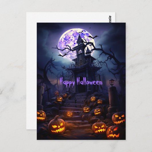 Gelukkig Halloween Skelet Skull Haunted House Briefkaart (Voorkant / Achterkant)