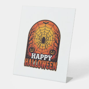 Gelukkig Halloween Spinnenweb Vintage Gravure Ontw Reclamebord Met Voetstuk