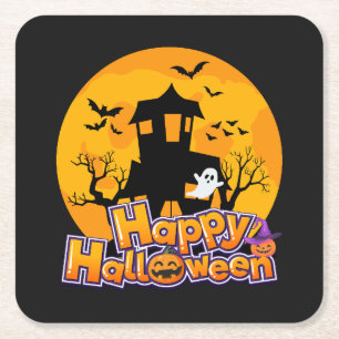 Gelukkig Halloween Spokenhuis Maan Vierkante Kartonnen Onderzetter