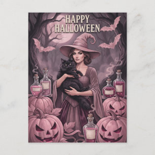 Gelukkig Halloween Vintage Roze Heks & Zwarte Kat Feestdagenkaart
