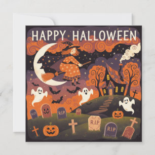 Gelukkig Halloween Whimsical Heks op de Bezem Feestdagenkaart