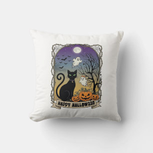 Gelukkig Halloween Zwarte Kat Geesten Pompoenen_1 Kussen