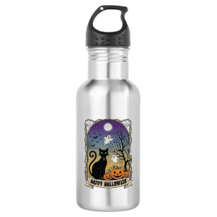 Gelukkig Halloween Zwarte Kat Geesten Pompoenen_1 Waterfles