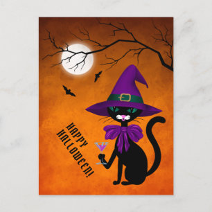Gelukkig Halloween Zwarte Kat Paarse Heksenhoed Ma Feestdagenkaart