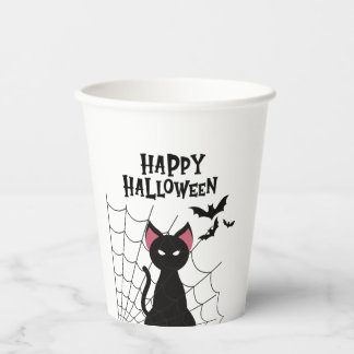 Gelukkig Halloween Zwarte Kat Spinnenweb & Vleermu Papieren Bekers