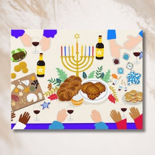 Gelukkig Hanukka-tafel met Menora, eten & familie Briefkaart