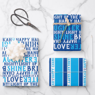 GELUKKIG HANUKKAH Liefde Licht Lachen Blauw & Wit Inpakpapier Vel
