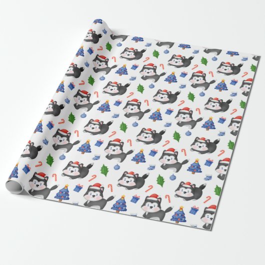 Gelukkig Husky Kerstpatroon Cadeaupapier (Uitgerold)