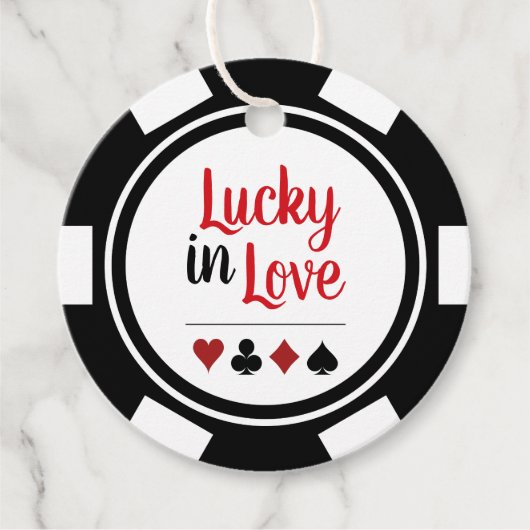 Gelukkig in liefde zwart wit poker chip bruiloft bedankjes labels (Voorkant)