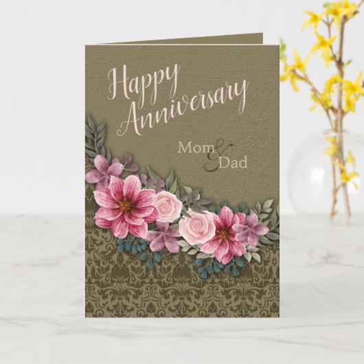 Gelukkig Jubileum Mam Pap Rood Roze op StoneDamask Kaart (Gele Bloem)