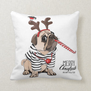 Gelukkig kerstfeest   Pug Reindester Kussen